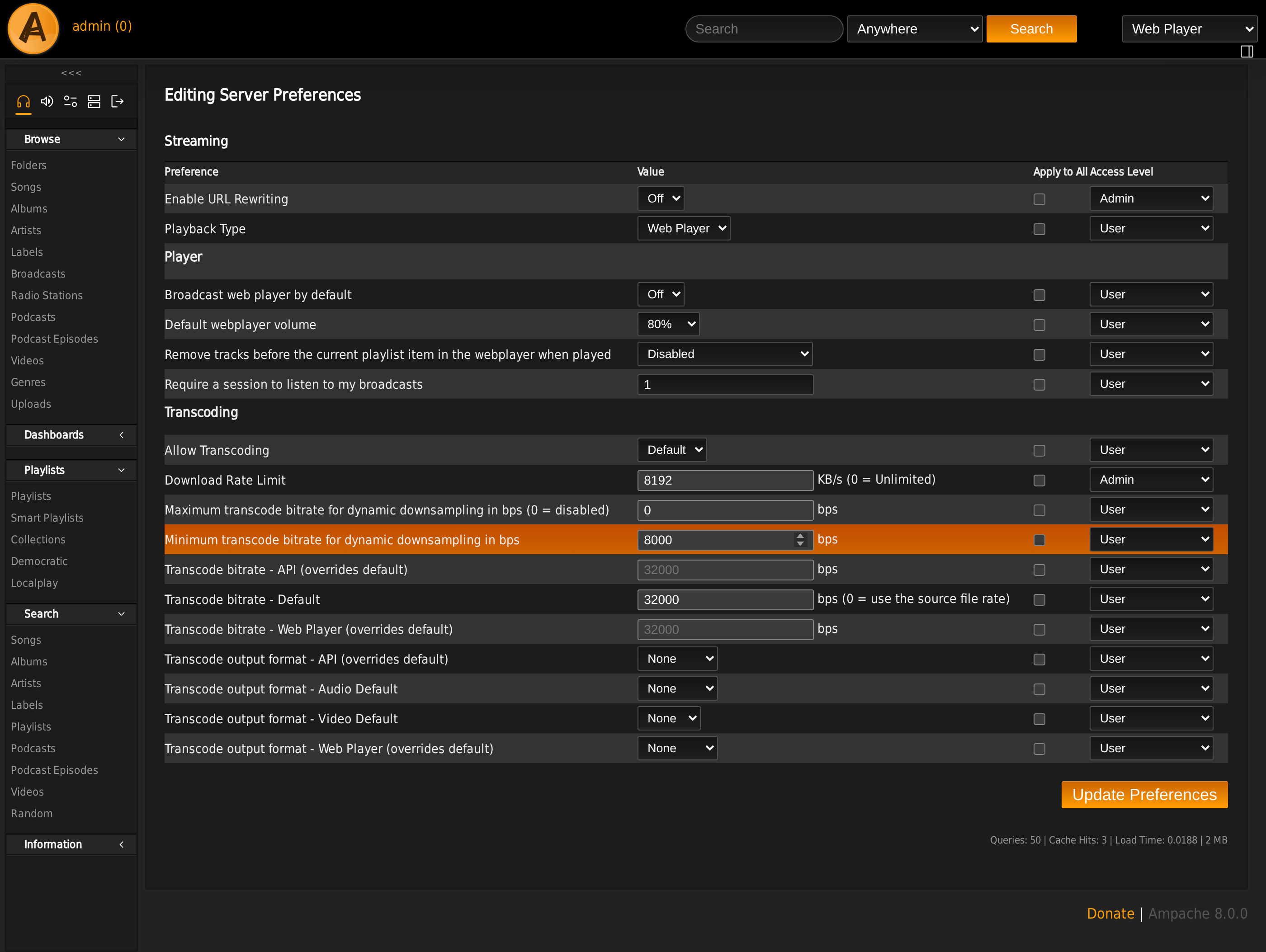 Server streaming preferences